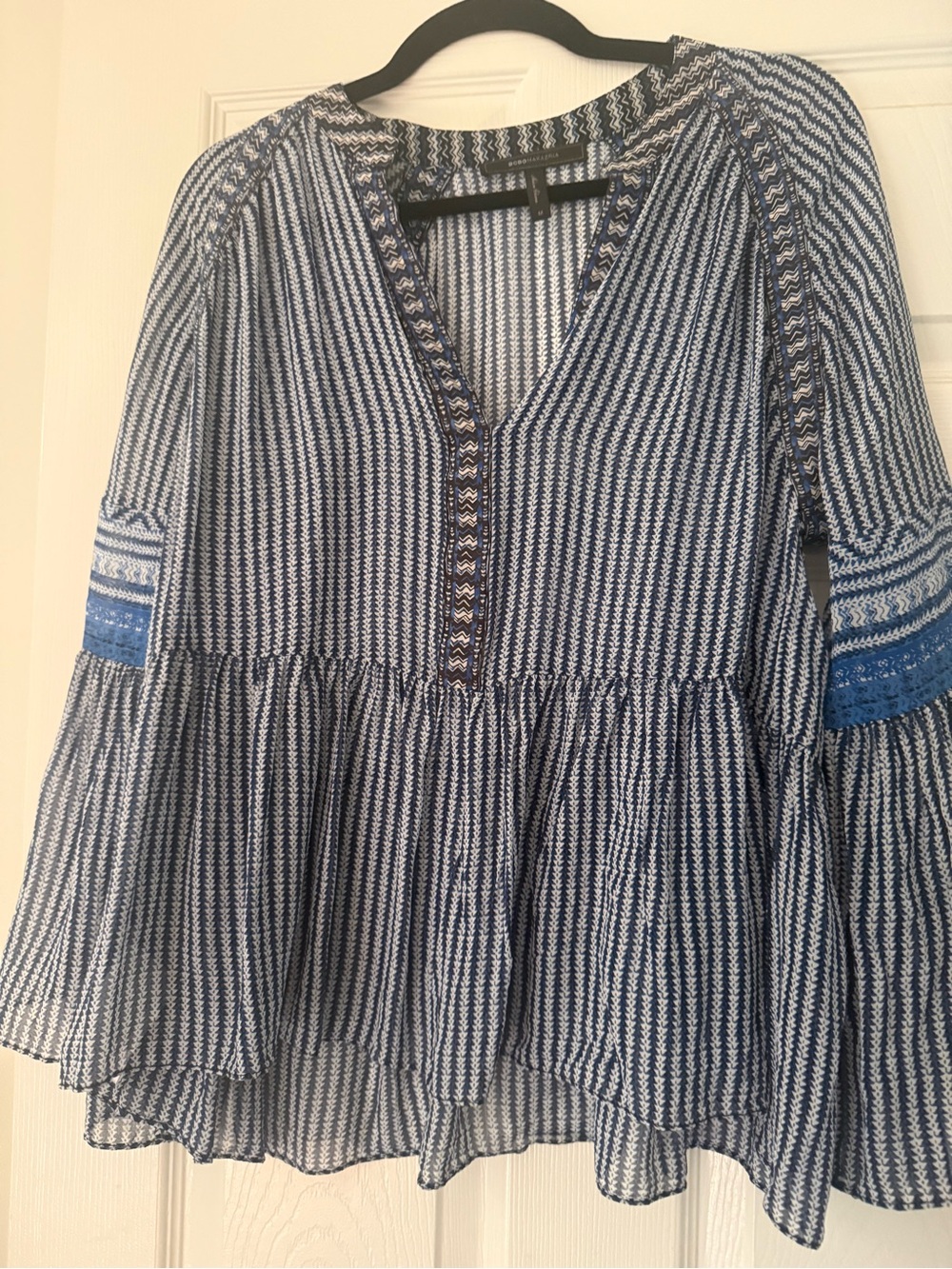 BCBGMaxAzria Blue and White Striped Peasant Tunic